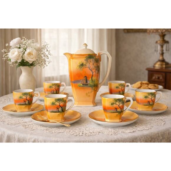 1920s Noritake Hand Painted Scenic Windmill Coffee Pot Set Cups Saucers